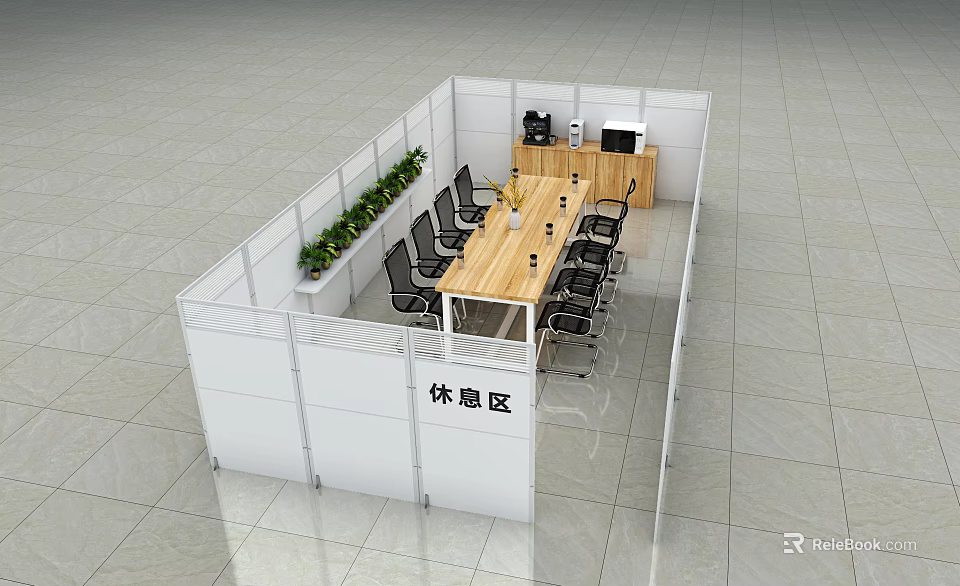 Modern Partitioned Break Room Lounge Area With Long Wooden Table Black Chairs And Green Plants 3d model 