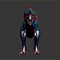 Colorful Mythical Dinosaur Creature With Vibrant Red Blue Stripes And Horned Head