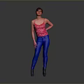 Woman In Red Floral Tank Top Blue Jeans And Black Boots On Gray Background
