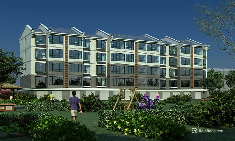 Modern Multi Storey Residential Building With Green Gardens Walking Paths And Lush Vegetation 3d model 