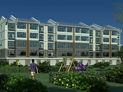 Modern Multi Storey Residential Building With Green Gardens Walking Paths And Lush Vegetation 3d model