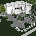 Modern White Building Exterior With Landscaped Garden Trees Lawn Pathway Steps