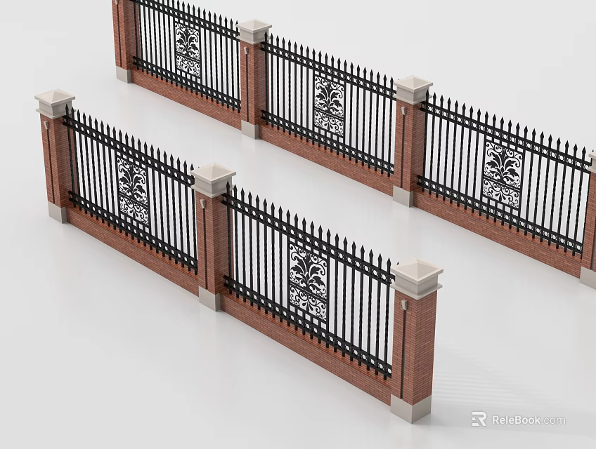 Classic Iron Fence Structure with Brick Posts and Intricate Decorative Patterns 3d model