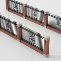 Classic Iron Fence Structure with Brick Posts and Intricate Decorative Patterns 3d model