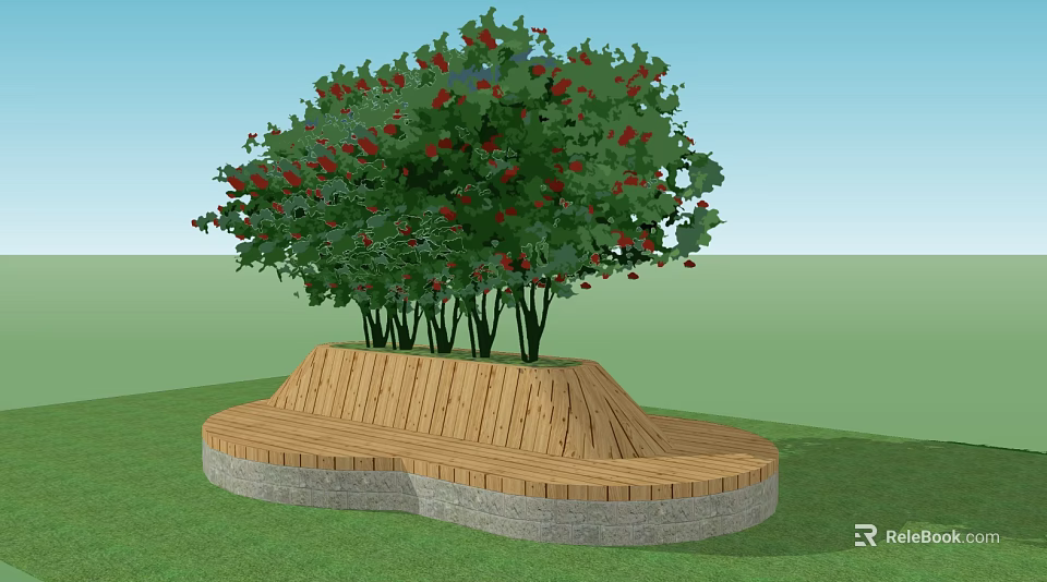 Wooden Circular Outdoor Chair with Stone Base and Green Tree Red Fruits in Grass Field 3d model 