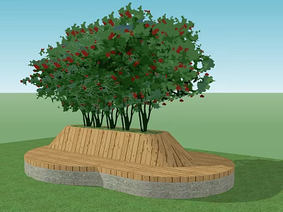 Wooden Circular Outdoor Chair with Stone Base and Green Tree Red Fruits in Grass Field 3d model
