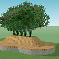 Wooden Circular Outdoor Chair with Stone Base and Green Tree Red Fruits in Grass Field