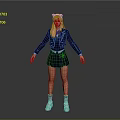 3D Character Model With Pink Hair Navy School Blazer Pleated Skirt White Socks And Shoes