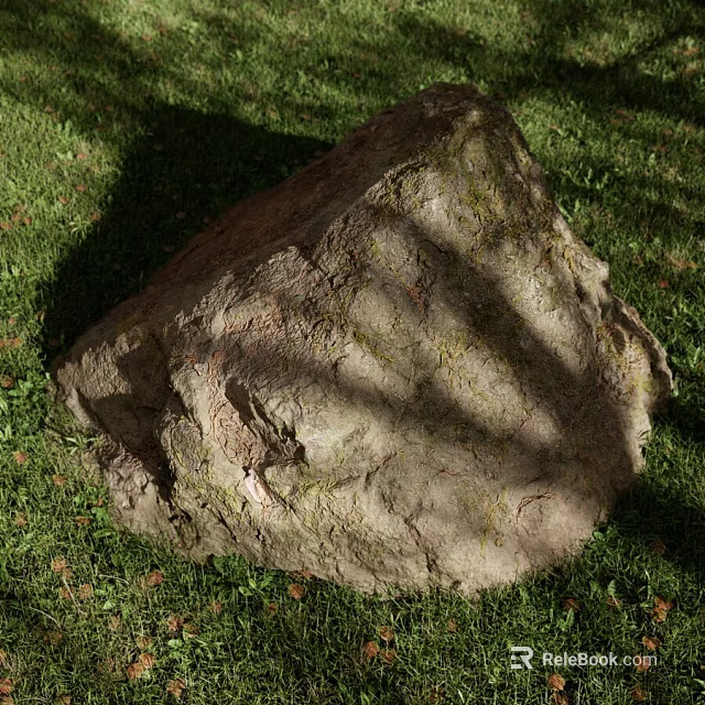Large Textured Rock Resting on Lush Green Grass With Tree Shadows 3d model