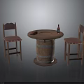 Cozy Interior Barrel-Shaped Round Table With Two Wooden Padded Chairs And Wine Bottle