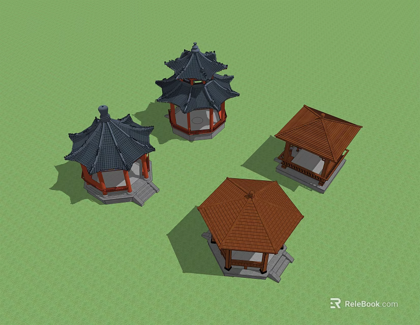 Traditional Chinese Pavilions With Black Brown Roofs And White Red Bases On Green Grass 3d model 