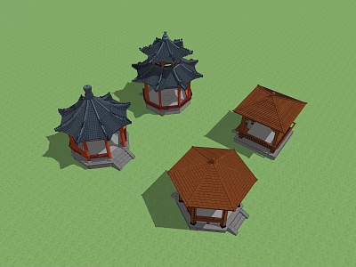 Traditional Chinese Pavilions With Black Brown Roofs And White Red Bases On Green Grass 3d model