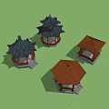 Traditional Chinese Pavilions With Black Brown Roofs And White Red Bases On Green Grass