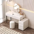 White Dressing Table with Decorative Mirror and Stool in Modern Interior With Vertical Striped Wall 3d model