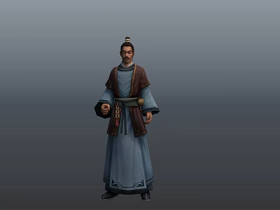 Traditional Attired Male Character In Blue Robe With Belt And Topknot On Gray Background 3d model