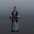 Traditional Attired Male Character In Blue Robe With Belt And Topknot On Gray Background