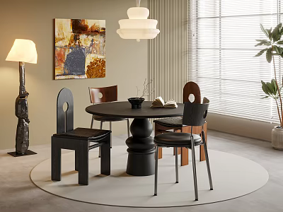 Modern Round Dining Table Set With Chairs Floor Lamp Artwork Window Plant 3d model