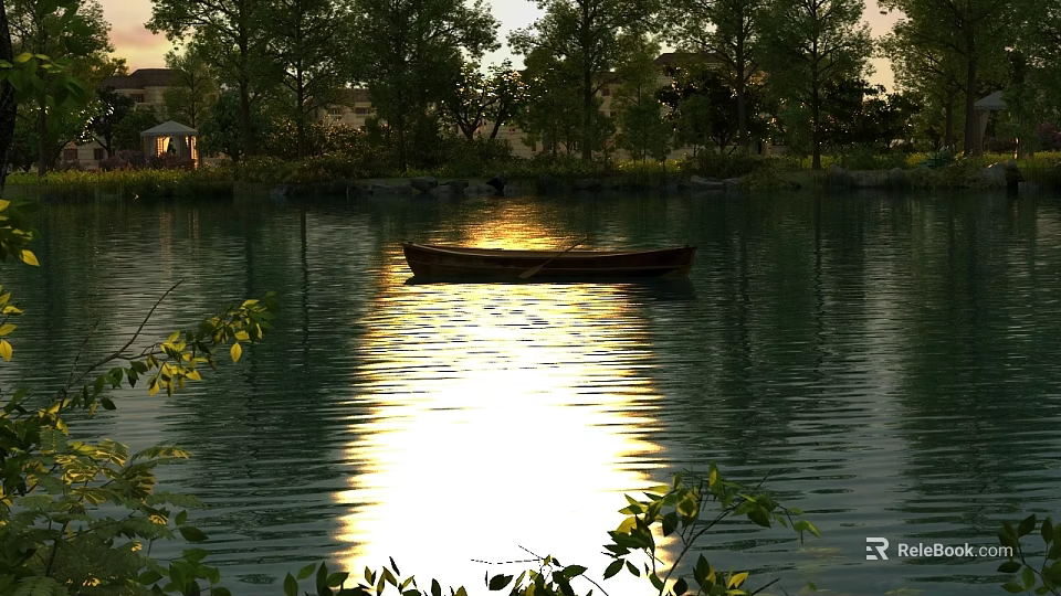 Serene Lake Landscape With Small Boat Sunset Reflection Surrounded By Trees 3d model 