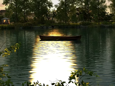 Serene Lake Landscape With Small Boat Sunset Reflection Surrounded By Trees 3d model