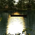 Serene Lake Landscape With Small Boat Sunset Reflection Surrounded By Trees