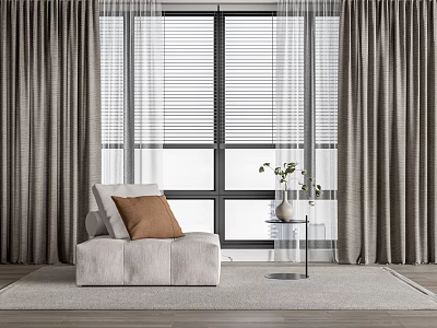Light Gray Bean Bag Chair With Brown Cushion By Window And Gray Curtains 3d model