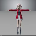 Pink Haired Girl In Red Coat With Plaid Skirt Gray Socks Blue Shoes Arms Outstretched