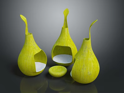 Yellow Woven Teardrop Shaped Hanging Chairs With Cushion And Small Round Stool 3d model