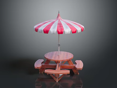 Outdoor Wooden Picnic Table Furniture With Round Tabletop Red White Striped Umbrella And Benches 3d model