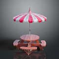 Outdoor Wooden Picnic Table Furniture With Round Tabletop Red White Striped Umbrella And Benches