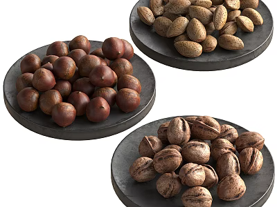 Decorative Ornament Set With Three Black Plates Holding Various Nuts 3d model
