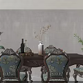 Classic Dining Table Set with Upholstered Chairs Floral Vase Fruit Bowl and Green Plants