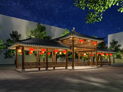 Traditional Chinese Garden Landscape featuring Wooden Pavilion Red Lanterns Trees and Starry Night Sky 3d model