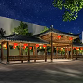 Traditional Chinese Garden Landscape featuring Wooden Pavilion Red Lanterns Trees and Starry Night Sky