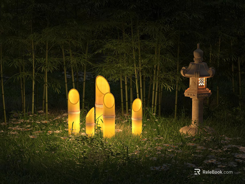Outdoor Lights in Bamboo Grove at Night with Yellow Cylindrical Lamps and Traditional Stone Lantern 3d model 