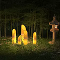Outdoor Lights in Bamboo Grove at Night with Yellow Cylindrical Lamps and Traditional Stone Lantern
