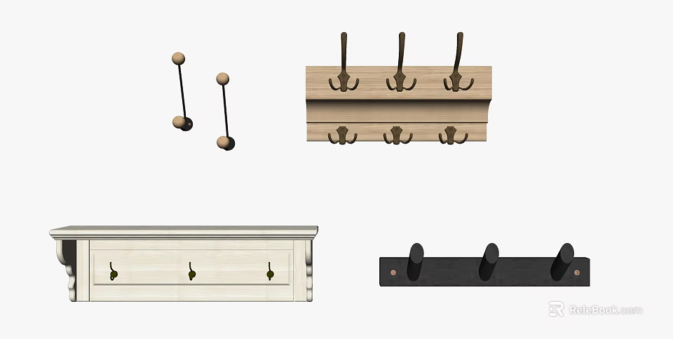 Practical Wooden And Metal Wall Mounted Hooks With Multiple Hanging Options 3d model 