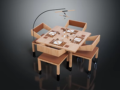 Stylish Wooden Dining Table With Matching Chairs And Pendant Light In Dining Area 3d model