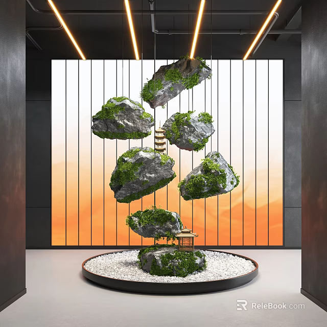 Suspended Moss Covered Rocks With Small Staircase Orange Vertical Stripes And Circular Base 3d model