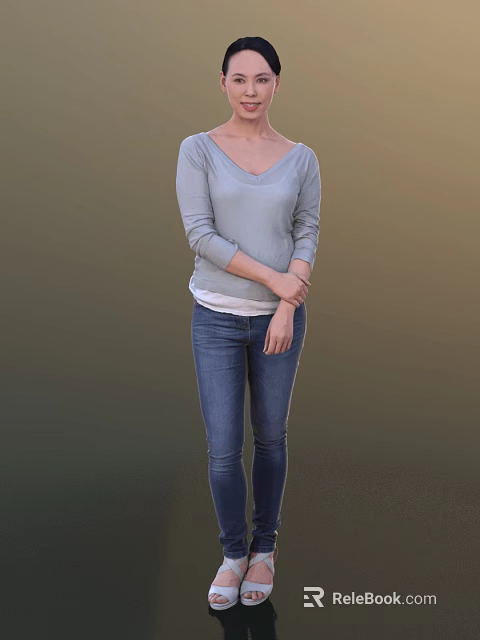 Woman In Gray Long Sleeve Top And Blue Jeans Standing Against Simple Background 3d model 