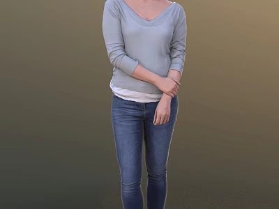 Woman In Gray Long Sleeve Top And Blue Jeans Standing Against Simple Background 3d model