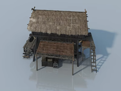 Traditional Wooden Swing Door in Stilt House with Thatched Roof and Stairs 3d model