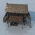 Traditional Wooden Swing Door in Stilt House with Thatched Roof and Stairs