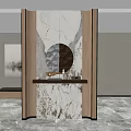 Modern Entryway Design With Marble Wall Wooden Frame And Circular Mirror 3d model