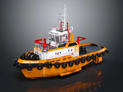 Orange And White Tugboat With Black Fenders And Red Structures 3d model
