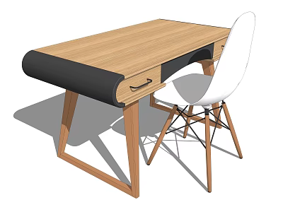 Modern Wooden Desk Featuring Black Drawer and White Chair Setup 3d model