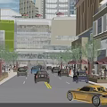 Bustling Commercial Street with Modern Buildings Cars Driving and Outdoor Umbrella Seating
