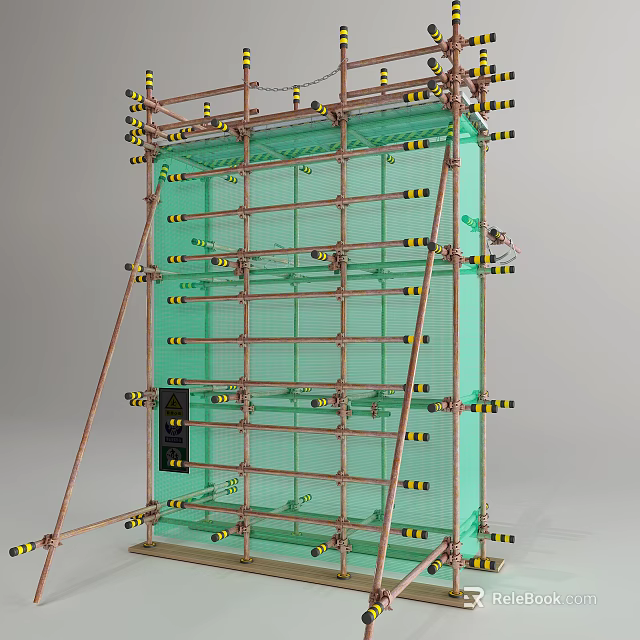 Green Construction Scaffolding Structure With Metal Frame Safety Net And Yellow Black Warning Stripes 3d model 