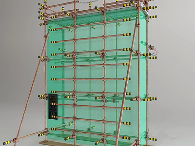 Green Construction Scaffolding Structure With Metal Frame Safety Net And Yellow Black Warning Stripes 3d model