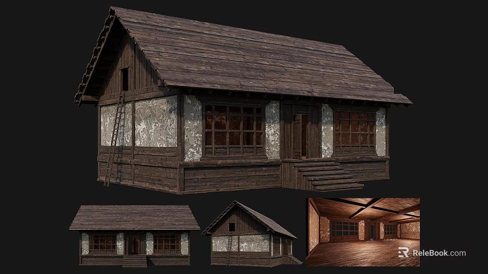 Ancient Building With Wooden Roof Stone Walls Traditional Windows And Interior Details 3d model 