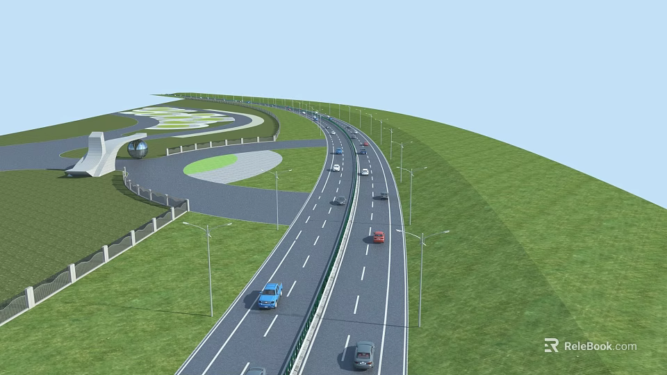 Municipal Road Design With Multiple Lanes Street Lamps Green Grass Roundabout And Vehicles 3d model 